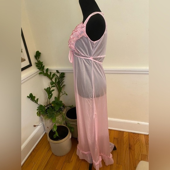 Vintage 50s Empress sheer long Lingerie Dress nightgown ruffle nylon SLIP PINK L - Picture 2 of 11